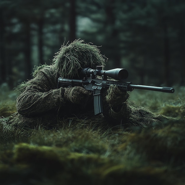 Ghillieclad Special Forces sniper camouflaged on ground with rifle