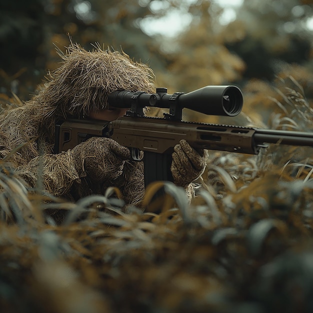 Ghillieclad Special Forces sniper camouflaged on ground with rifle