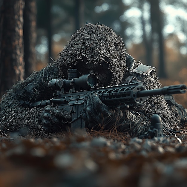 Photo ghillieclad special forces sniper camouflaged on ground with rifle