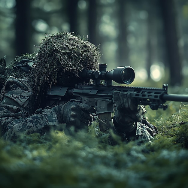 Ghillieclad Special Forces sniper camouflaged on ground with rifle