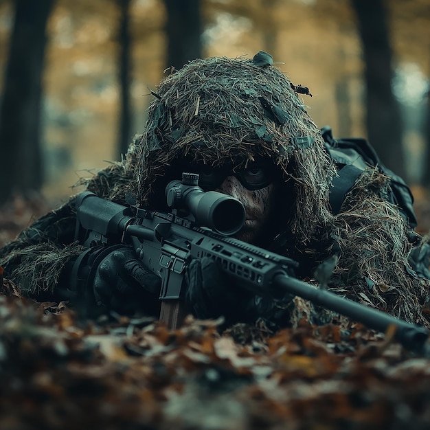 Photo ghillieclad special forces sniper camouflaged on ground with rifle