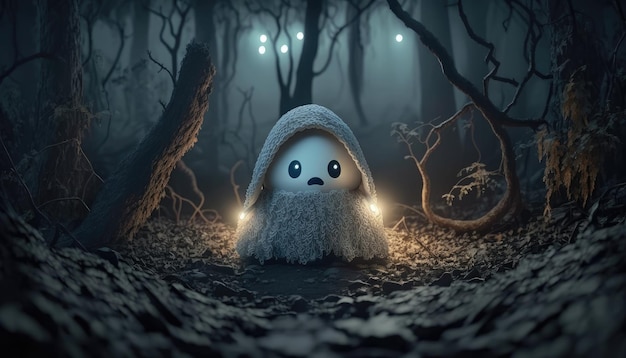 A ghost in a dark forest with lights on.