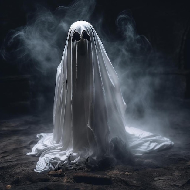 a ghost in the dark with a white cloak.