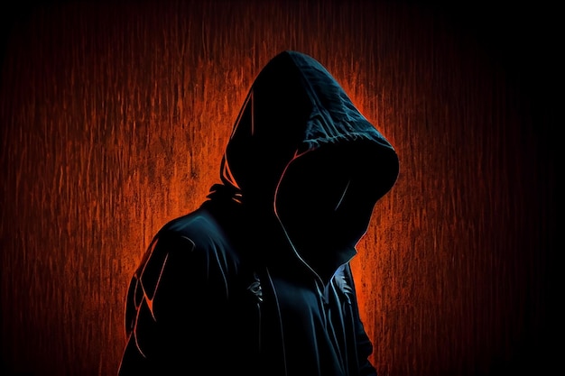 Ghost hacker criminal scary hood anonymous creepy devil danger silhouette shadow black face fear horror night character symbol identity hooligan unknow happy halloween cyber copy space Generative AI