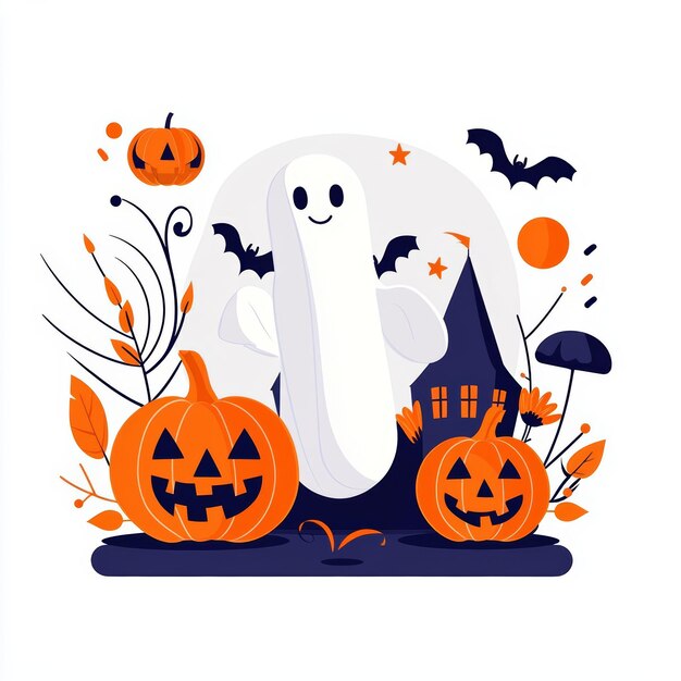 Photo ghost in a halloween parade festive scene flat design clipart style isolated on white background