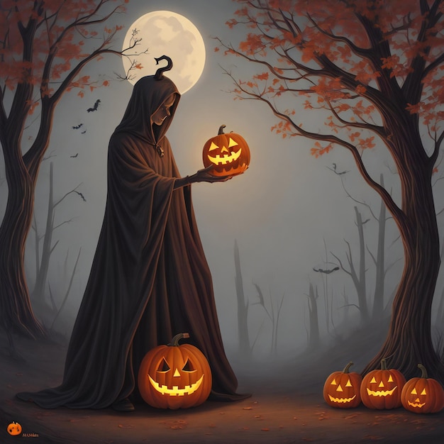 Ghost holding a jack o lantern in a spooky tree Halloween design