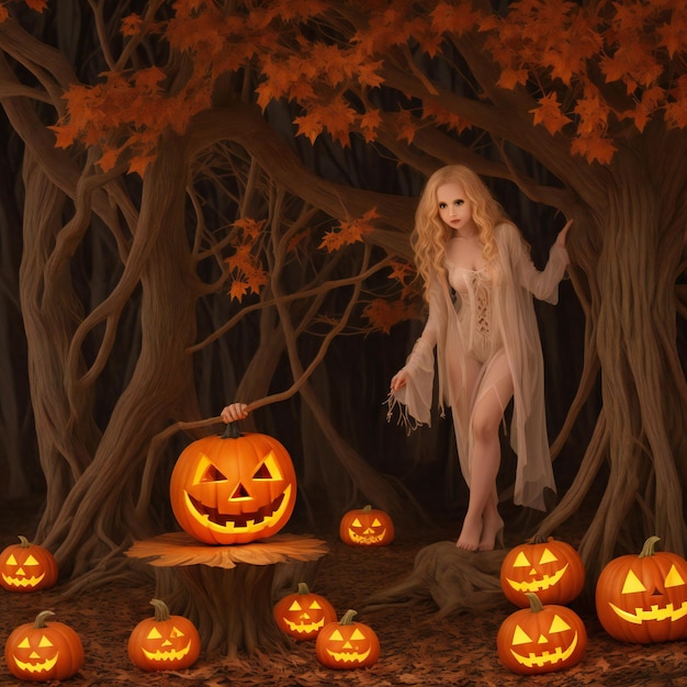 Ghost holding a jack o lantern in a spooky tree Halloween design