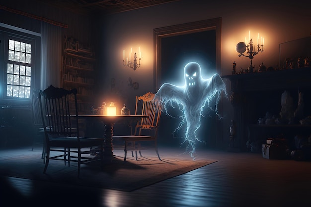 Ghost oltergeist flies around the house alone night of the dead Glowing white Ghost passes through the walls 3d illustration