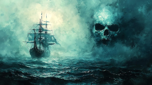 Photo ghost pirate rising from the depths cursed ocean eerie glow watercolor style