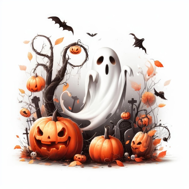 Ghost and pumpkin halloween illustration on white