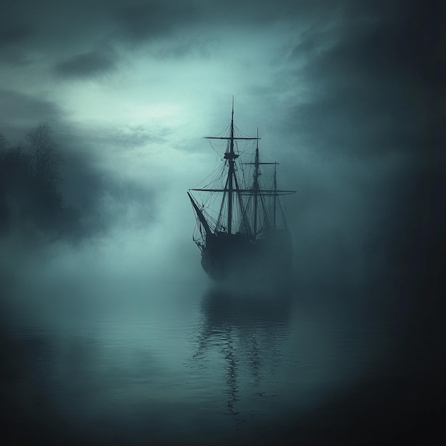 Ghost Ship Drifting Through Foggy Waters Under a Dark Sky