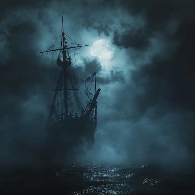 Ghost Ship Drifting Through Foggy Waters Under a Dark Sky