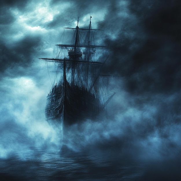 Ghost Ship Drifting Through Foggy Waters Under a Dark Sky