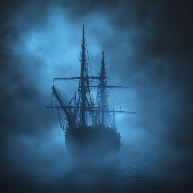 Ghost Ship Drifting Through Foggy Waters Under a Dark Sky