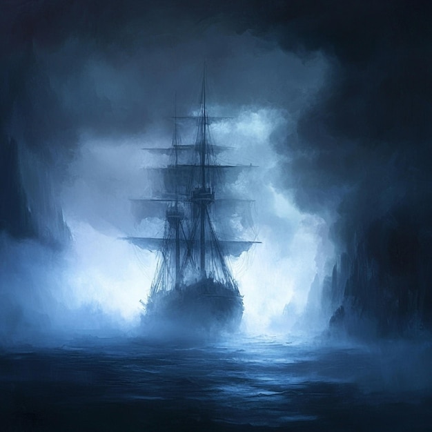 Ghost Ship Drifting Through Foggy Waters Under a Dark Sky