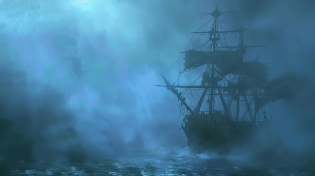 Ghost Ship Sailing in a Mysterious Foggy Seascape