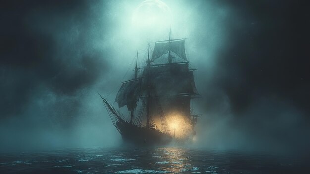 Photo a ghost ship sailing through a foggy moonlit ocean with tattered sails and eerie lights