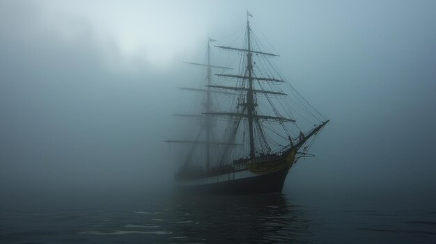 A ghost ship sailing through foggy waters under a dark sky