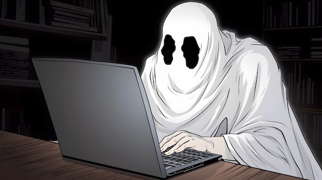 A ghost sits at a laptop with a face drawn on it.