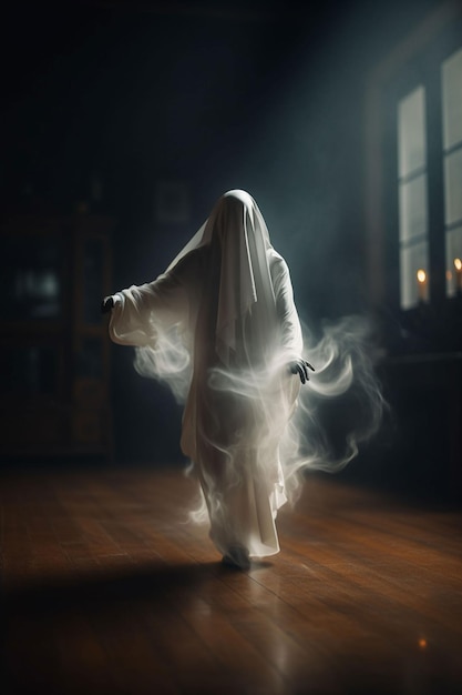 Photo a ghost walks on a wooden floor in a dark room with a window behind her.