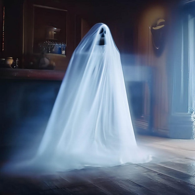 a ghost in a white foggy room with a candle in the background