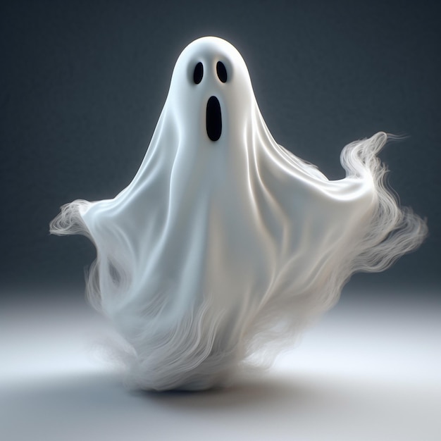 A ghost with fluffy white hair is in front of a grey background.