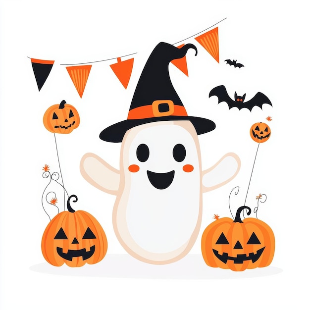 Ghost with Halloween decorations party theme flat design clipart style isolated on white background