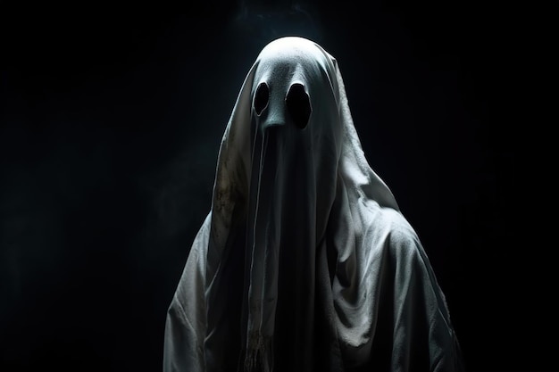 A ghost with a mask on his face is in the dark