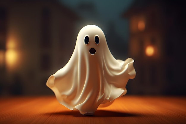 Ghost on wooden floor at night halloween concept