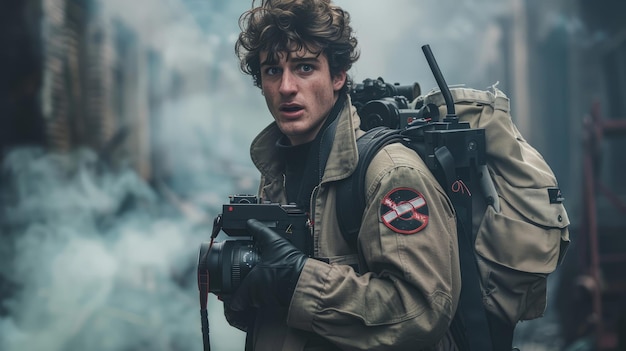 Ghostbuster carrying a proton pack