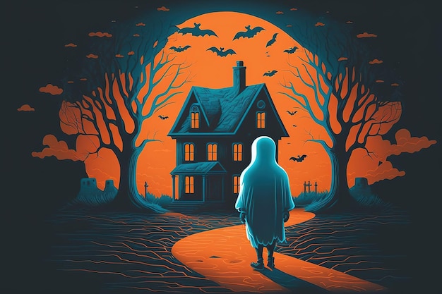 A ghostly abandoned home is nearby as a guy with a pumpkin for a head strolls