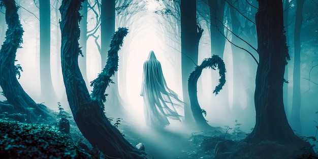 Ghostly apparitions in misty forest Generative AI