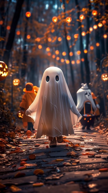 Ghostly boy walks through the forest on Halloween with a pumpkin head