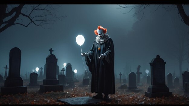 Photo ghostly clown floating in a misty graveyard