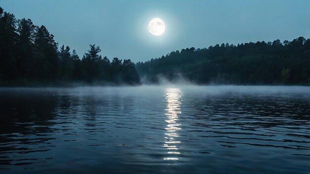 Photo a ghostly figure emerges from a foggy lake under the full moon casting an eerie glow and a sense of