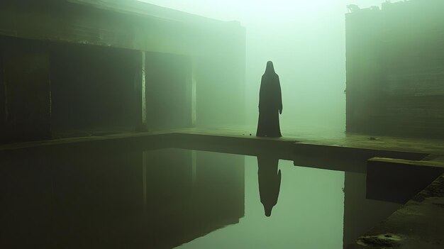 Photo ghostly figure emerging from a dark fogcovered well horror and fear