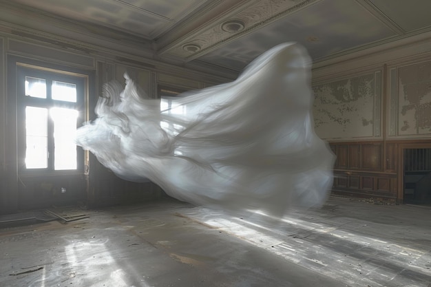 A ghostly figure floating in an abandoned building captured with motion blur to convey its haunting