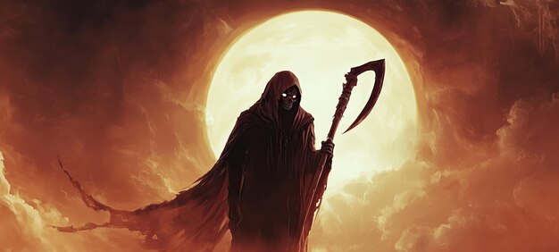 Photo a ghostly figure known as the grim reaper holds a sharp scythe standing against a dramatic backdrop