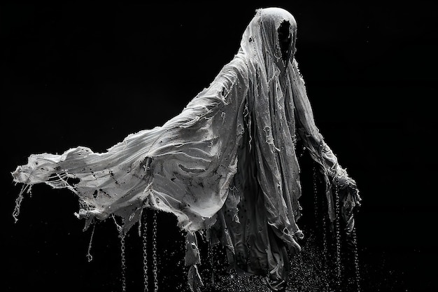 A ghostly figure made of tattered fabric with chains hanging from the bottom floating in black spac