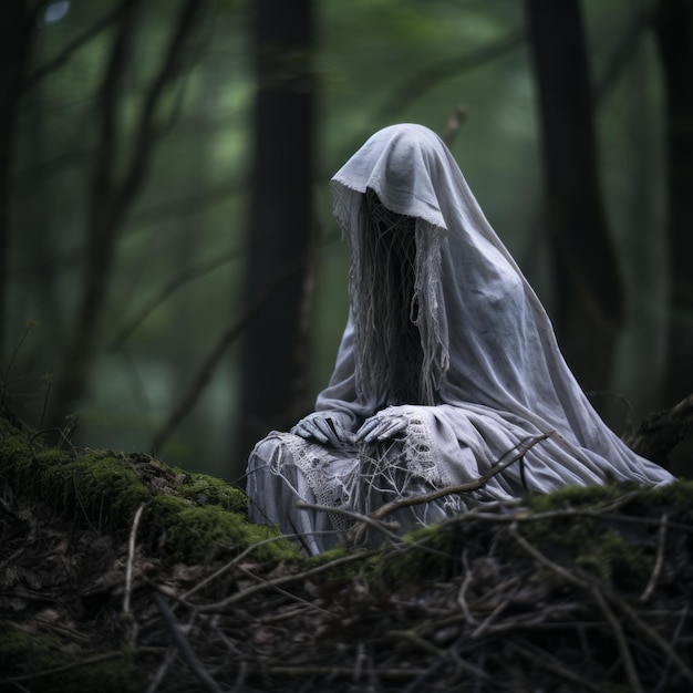 a ghostly figure sits in the woods