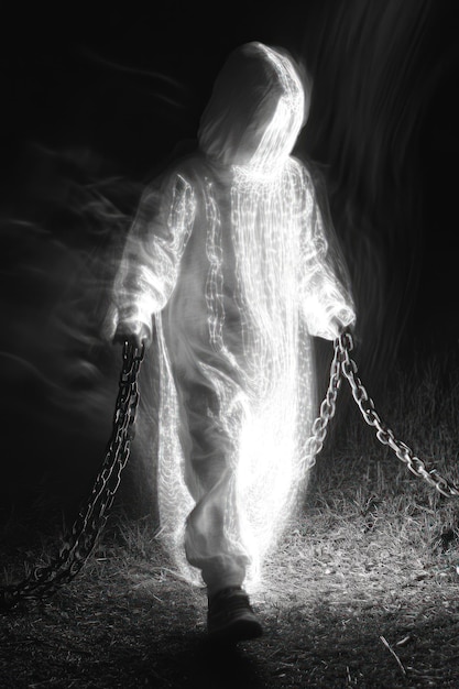 A ghostly figure in a white robe walks with chains in a dark eerie setting