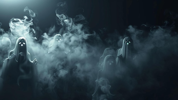 Ghostly figures in eerie fog Spooky Halloween background with copy space design for poster banner