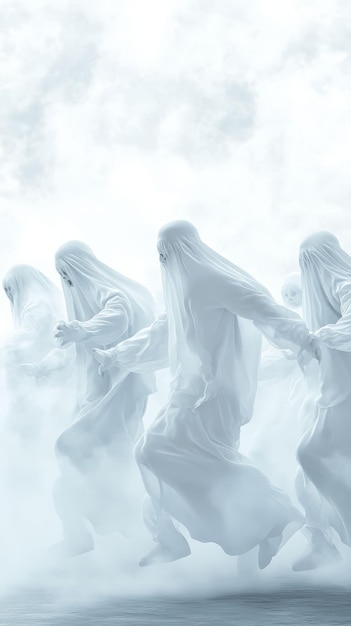 Photo ghostly figures performing a halloween dance in the mist 3d illustration