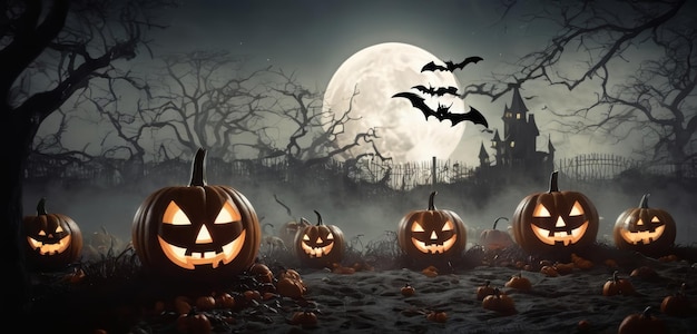 Ghostly Halloween Night Experience the Frights with Jacko39Lanterns Flickering Candles and Bats Against the Moonlit Sky