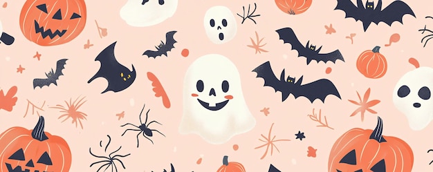 Photo ghostly halloween pattern on a pale pink background with bats pumpkins and spiders