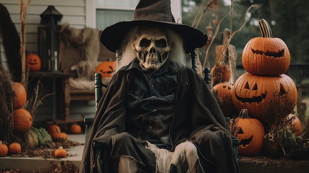 Ghostly scary old witch sitting amongst pumpkins and other Halloween decorations generative AI