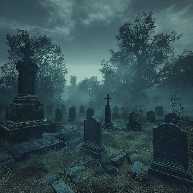 A ghostly secret world burial ground with tombstones meaning the last resting spots of the bound