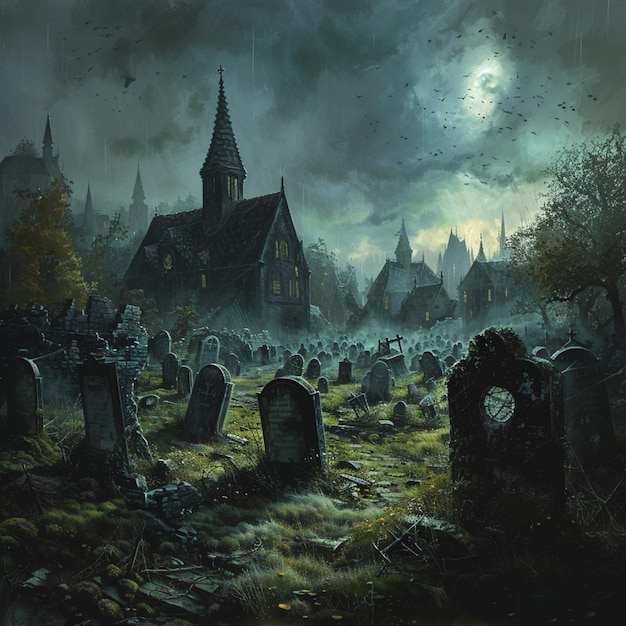 A ghostly secret world burial ground with tombstones meaning the last resting spots of the bound