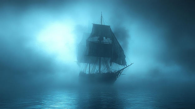 A ghostly ship moving silently through a fogcovered ocean its sails tattered and glowing faintly animated in 3D cartoon style