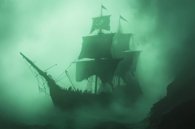 A Ghostly Silhouette of a Ship in a Foggy Sea